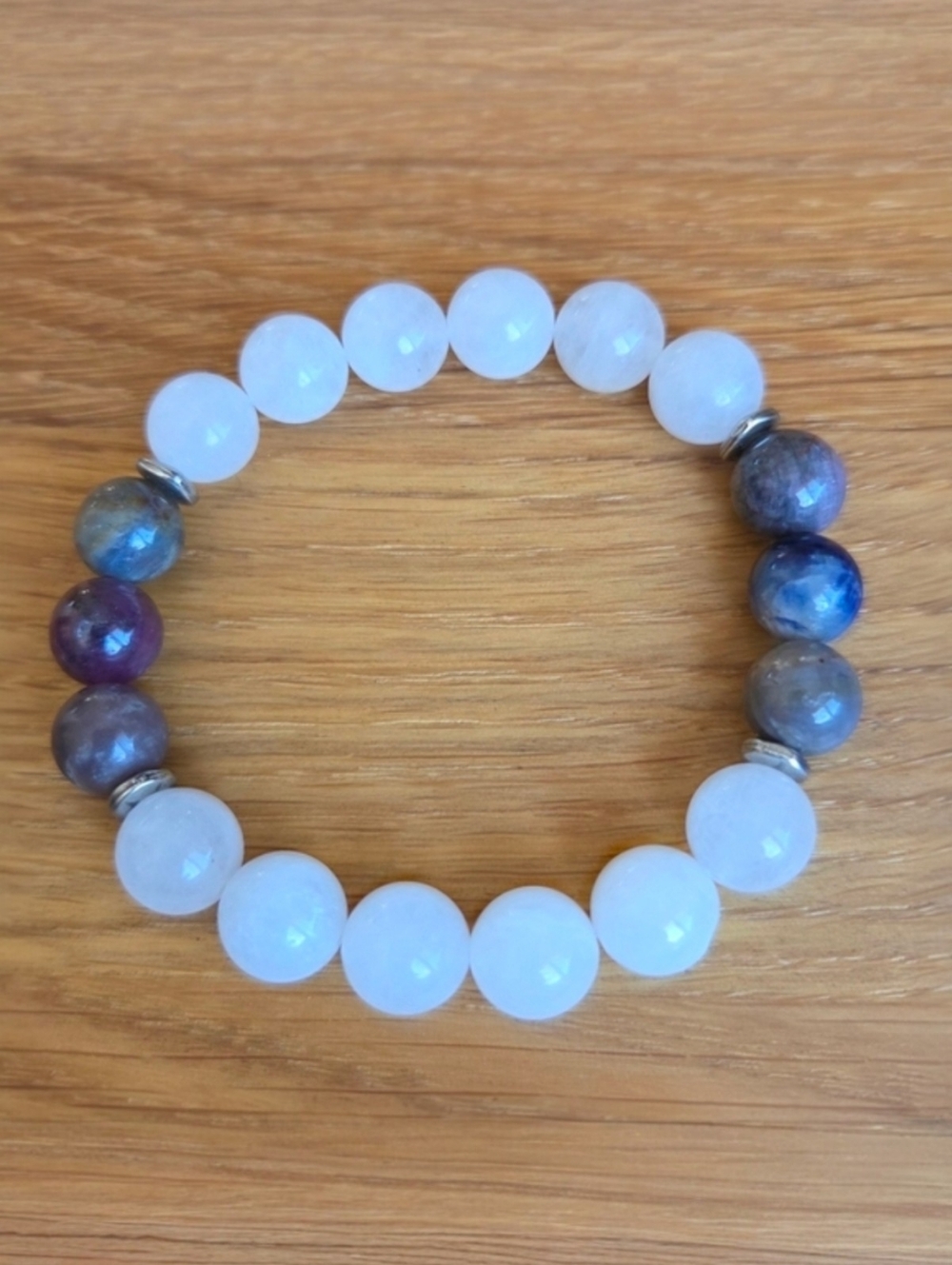Ruby Sapphire & White Jade Beads Stretch Bracelet -  Hand Crafted
